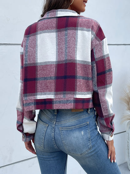 Perfee Plaid Button Up Drop Shoulder Cropped Jacket-Angel Casuals