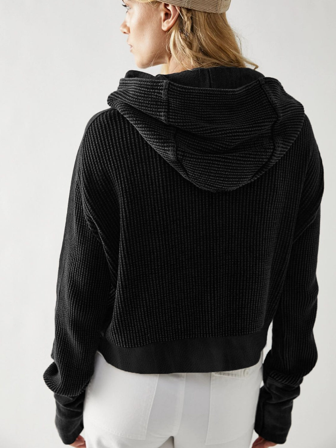Waffle-Knit Dropped Shoulder Hooded Jacket-Angel Casuals