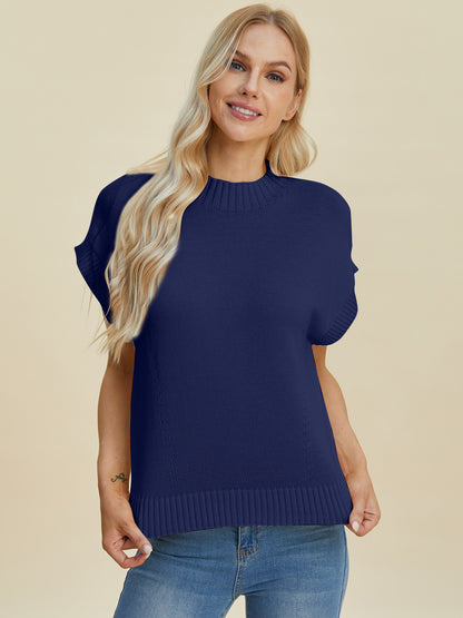 Double Take Full Size Mock Neck Short Sleeve Sweater-Angel Casuals
