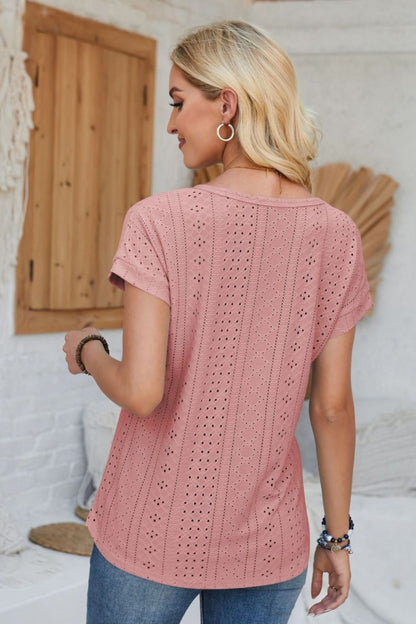 Eyelet Round Neck Rolled Short Sleeve T-Shirt-Angel Casuals