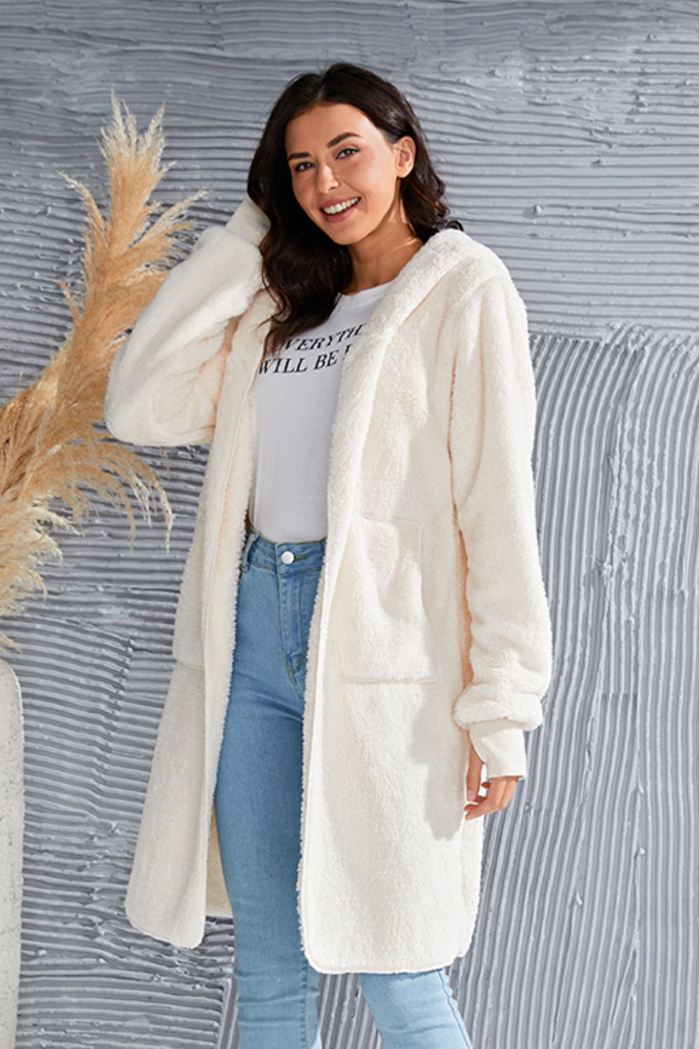 Double Take Full Size Hooded Teddy Bear Jacket with Thumbholes-Angel Casuals
