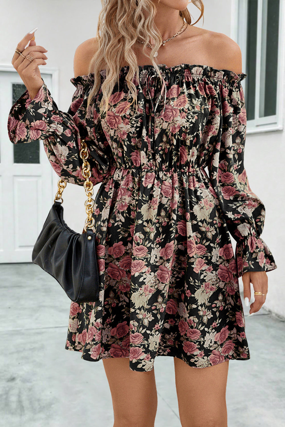 Floral Off-Shoulder Flounce Sleeve Dress-Angel Casuals