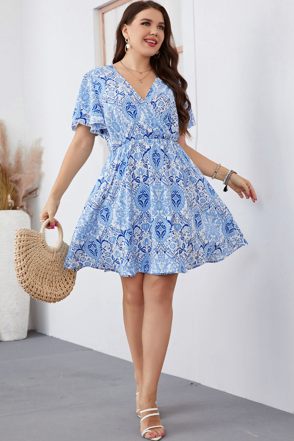 Plus Size Surplice Neck Flutter Sleeve Dress-Angel Casuals