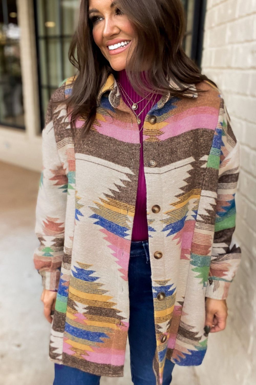 Geometric Button Up Long Sleeve Jacket-Angel Casuals