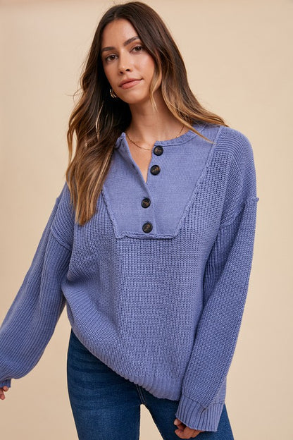 Annie Wear Half Button Ribbed Hem Sweater-Angel Casuals