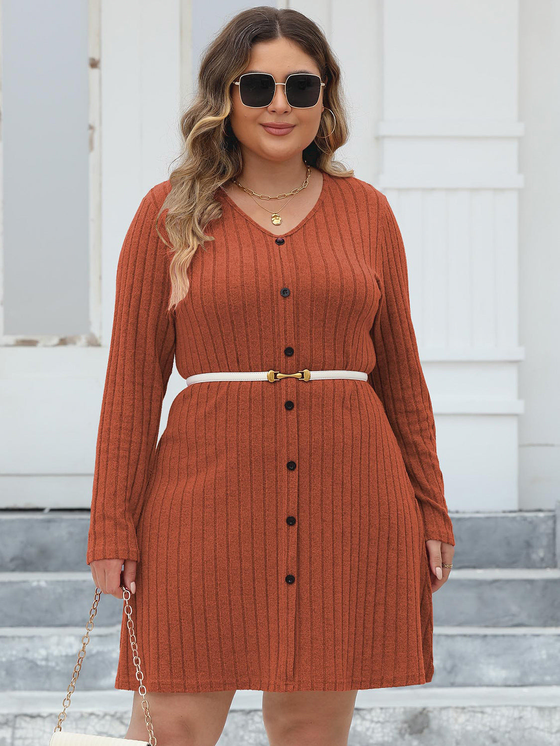 Plus Size Ribbed Buttoned V-Neck Long Sleeve Dress-Angel Casuals