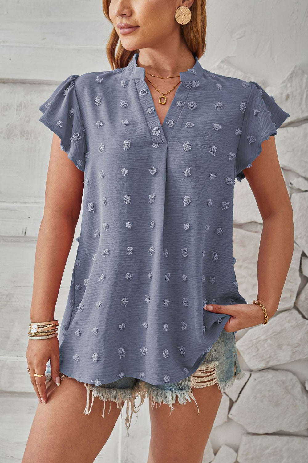 Swiss Dot Notched Cap Sleeve T-Shirt-Angel Casuals