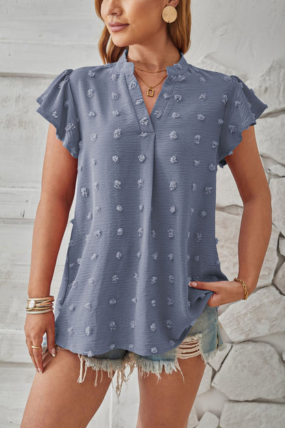 Swiss Dot Notched Cap Sleeve T-Shirt-Angel Casuals
