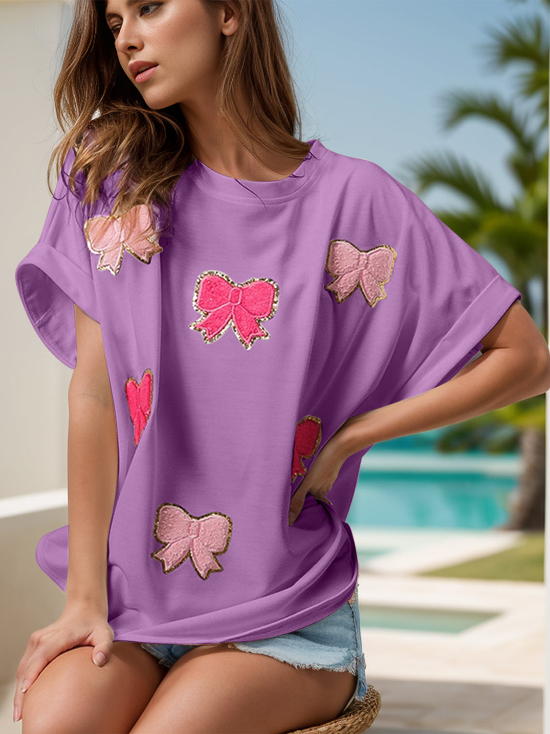 Bow Round Neck Short Sleeve T-Shirt-Angel Casuals