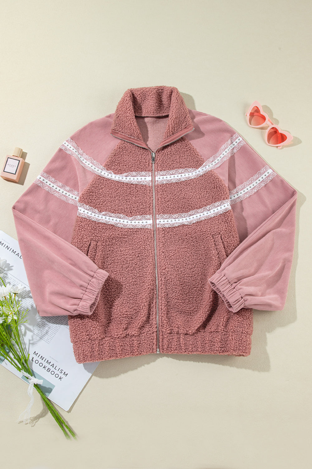 Lace Detail Zip Up Sherpa Patchwork Jacket-Angel Casuals
