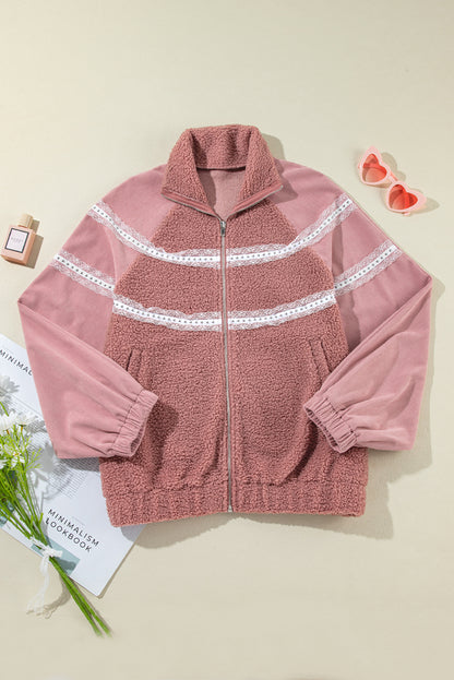 Lace Detail Zip Up Sherpa Patchwork Jacket-Angel Casuals