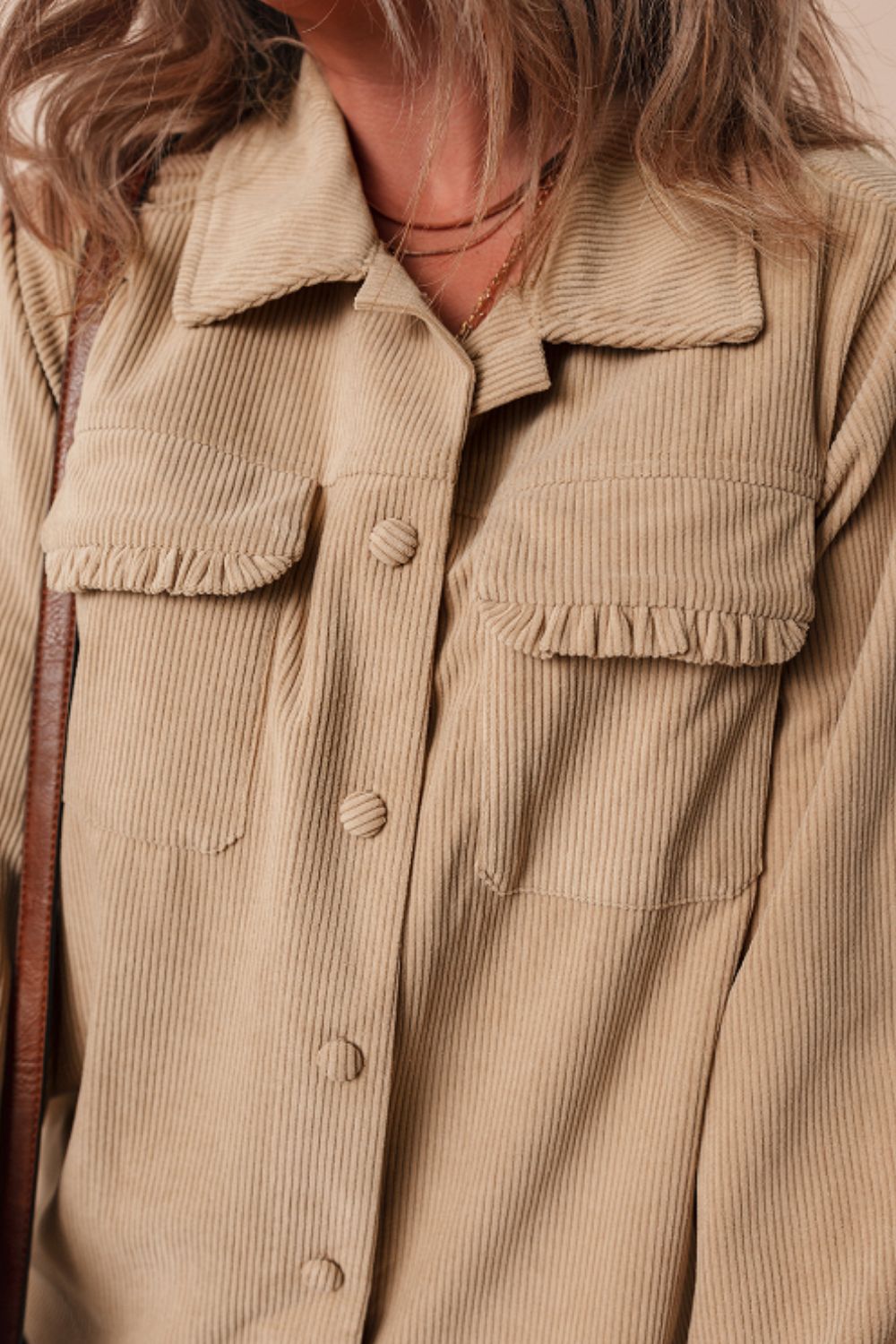 Frill Button Up Long Sleeve Shacket-Angel Casuals