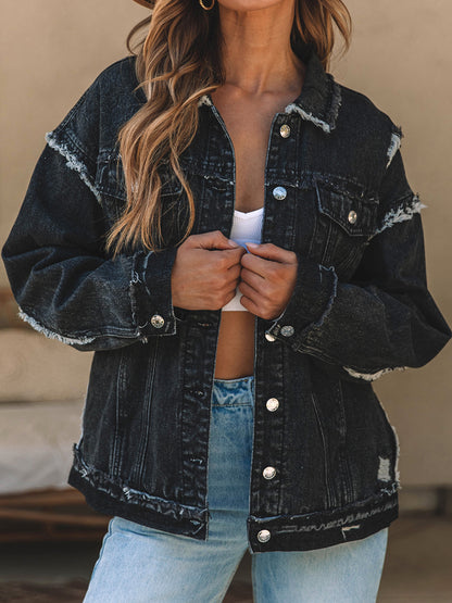 Button Up Raw Hem Distressed Denim Jacket-Angel Casuals