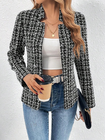 Plaid Open Front Long Sleeve Jacket-Angel Casuals