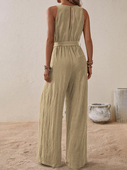 Tied Surplice Sleeveless Wide Leg Jumpsuit-Angel Casuals