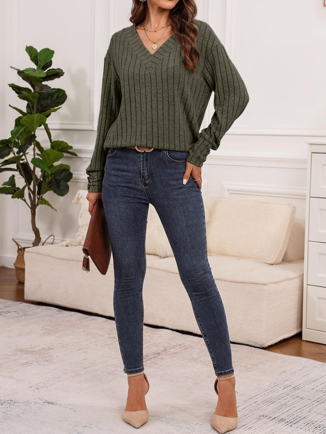 Ribbed V-Neck Long Sleeve T-Shirt-Angel Casuals