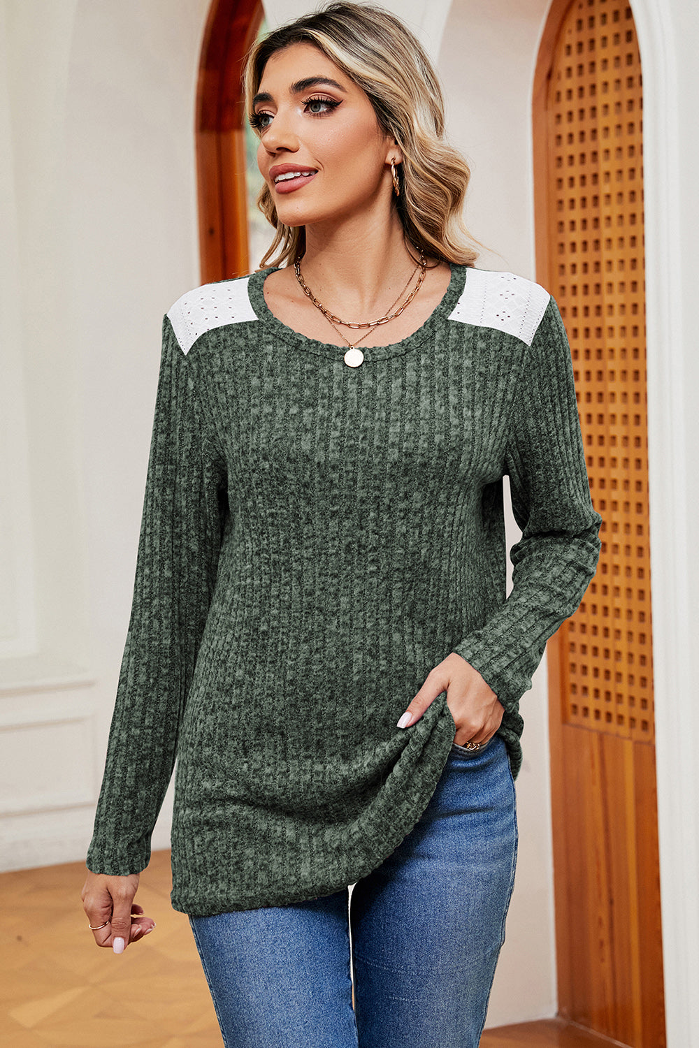 Eyelet Ribbed Round Neck Long Sleeve T-Shirt-Angel Casuals