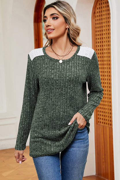 Eyelet Ribbed Round Neck Long Sleeve T-Shirt-Angel Casuals