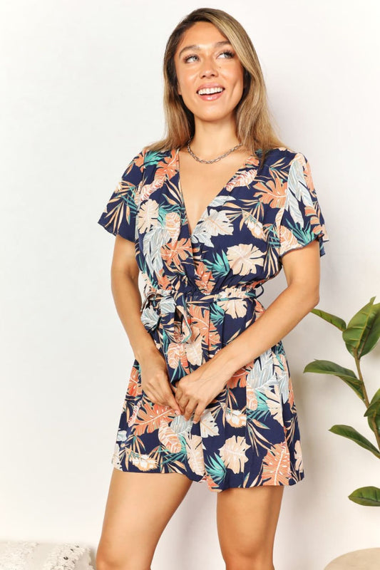 Botanical Print Surplice Neck Tie Waist Romper-Angel Casuals