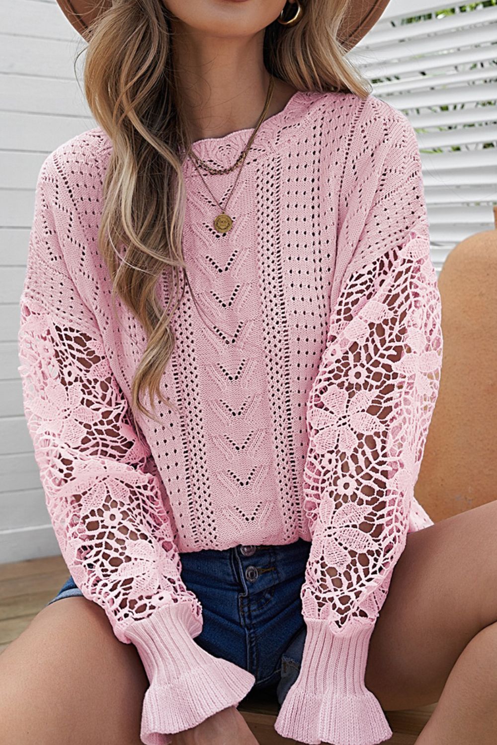 Openwork Round Neck Long Sleeve Sweater-Angel Casuals