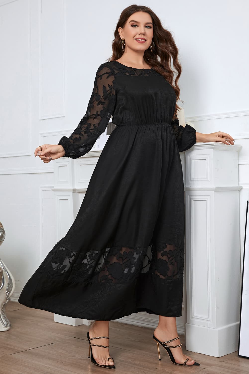 Melo Apparel Plus Size Embroidery Round Neck Long Sleeve Maxi Dress-Angel Casuals