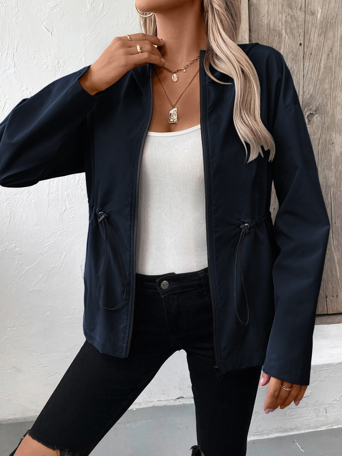 Ivy Lane Drawstring Zip Up Hooded Jacket-Angel Casuals