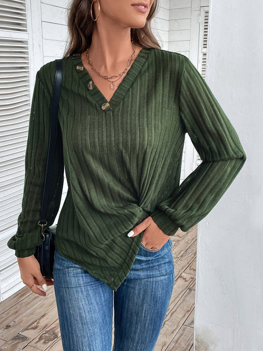 Twisted V-Neck Buttoned Long Sleeve T-Shirt-Angel Casuals