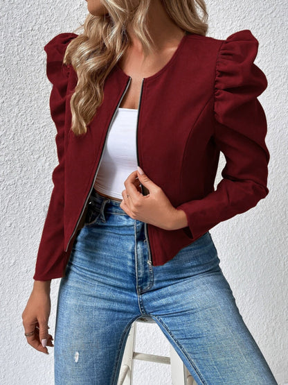Zip Up Puff Sleeve Jacket-Angel Casuals