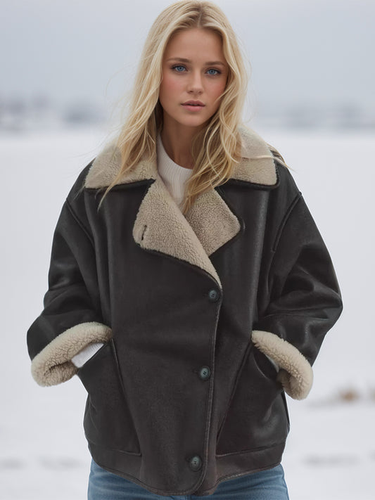 Collared Neck Long Sleeve Plush Jacket-Angel Casuals