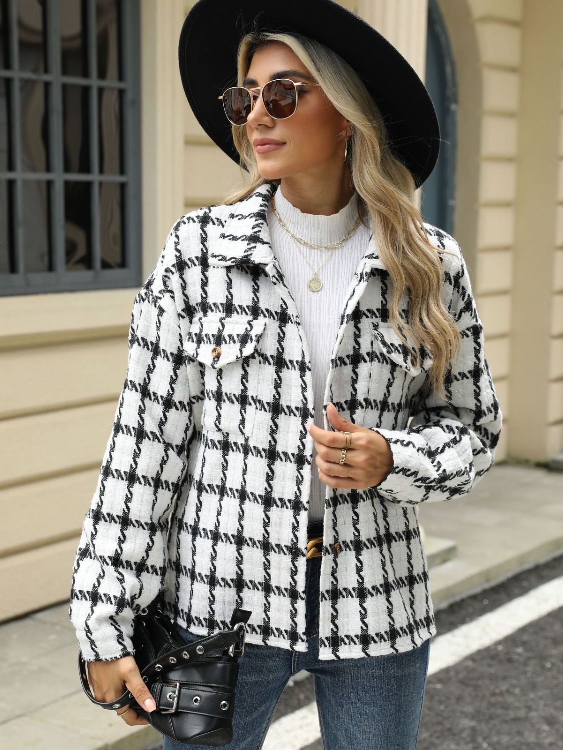 Plaid Collared Neck Long Sleeve Jacket-Angel Casuals