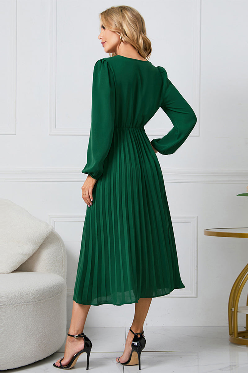 V-Neck Long Sleeve Tie Waist Midi Dress-Angel Casuals