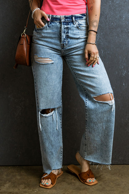 Distressed Raw Hem Straight Jeans-Angel Casuals