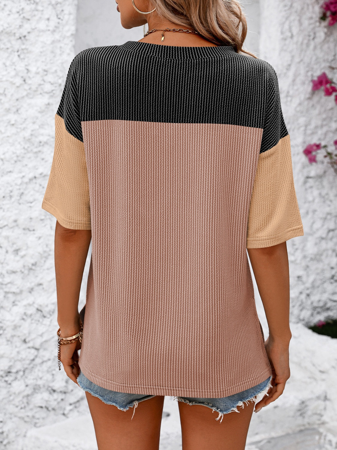 Color Block Round Neck Half Sleeve T-Shirt-Angel Casuals