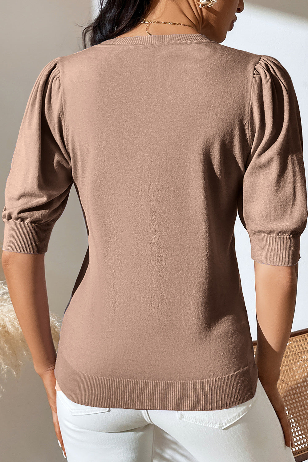 Round Neck Puff Sleeve Knit Top-Angel Casuals