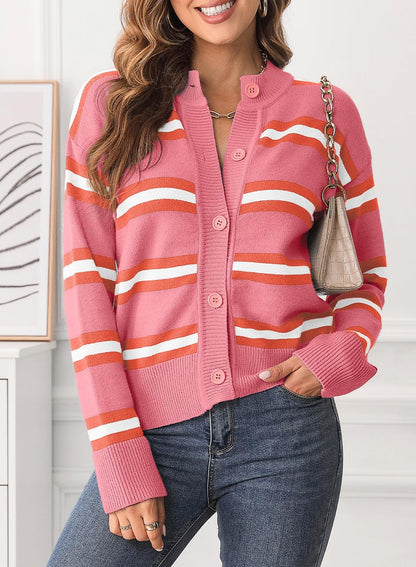 Striped Button Down Long Sleeve Cardigan-Angel Casuals
