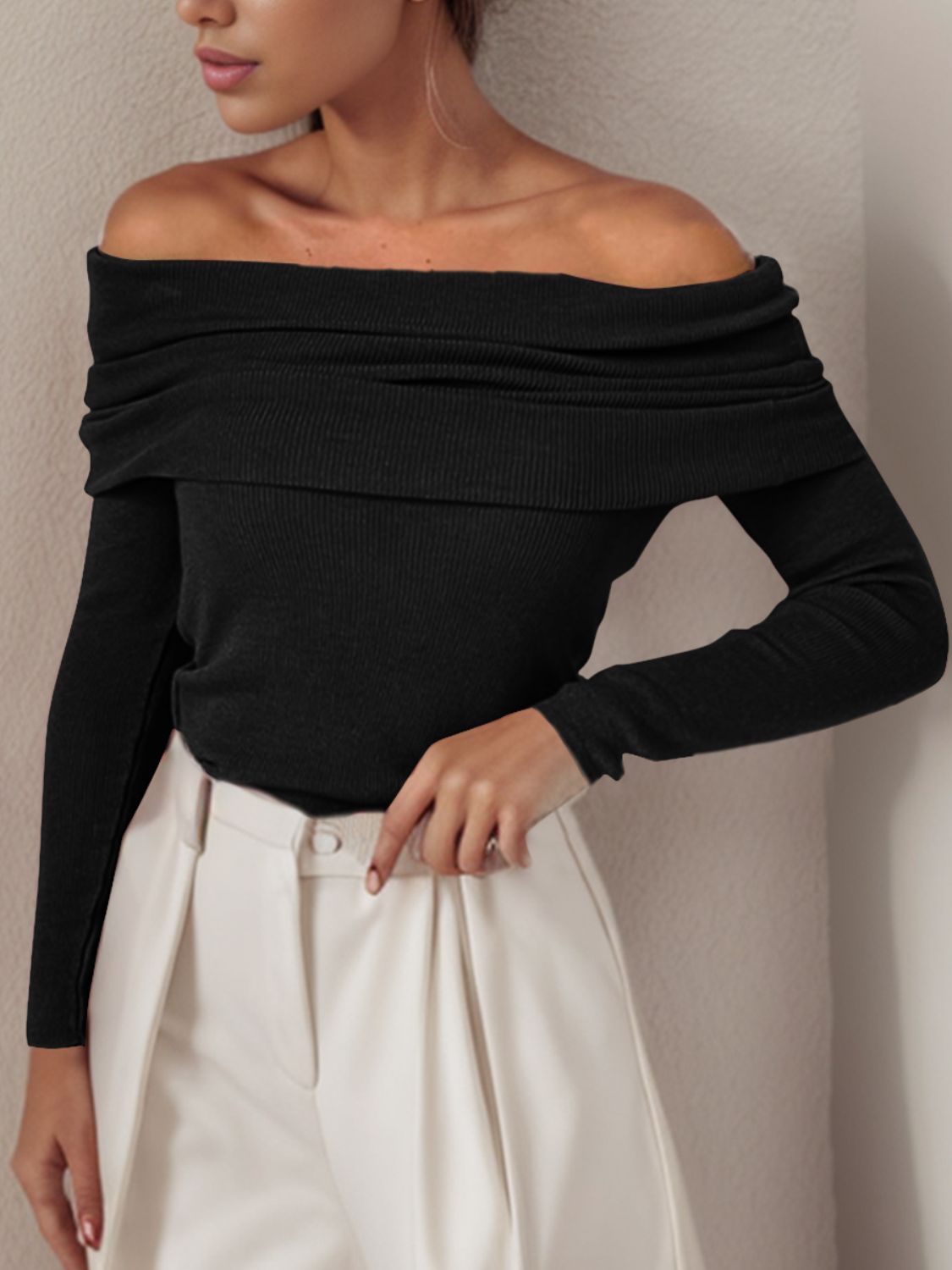 Off-Shoulder Long Sleeve Sweater-Angel Casuals