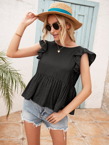 Lace Detail Round Neck Peplum T-Shirt-Angel Casuals