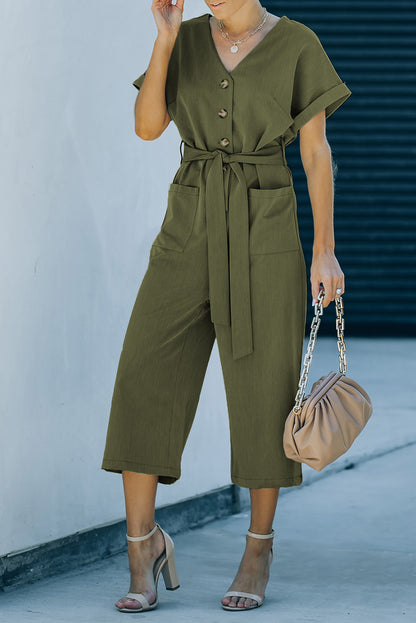 Tie-Waist Buttoned Cropped Jumpsuit-Angel Casuals