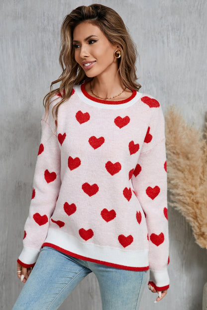 Angel Wings Contrast Trim Heart Round Neck Sweater-Angel Casuals