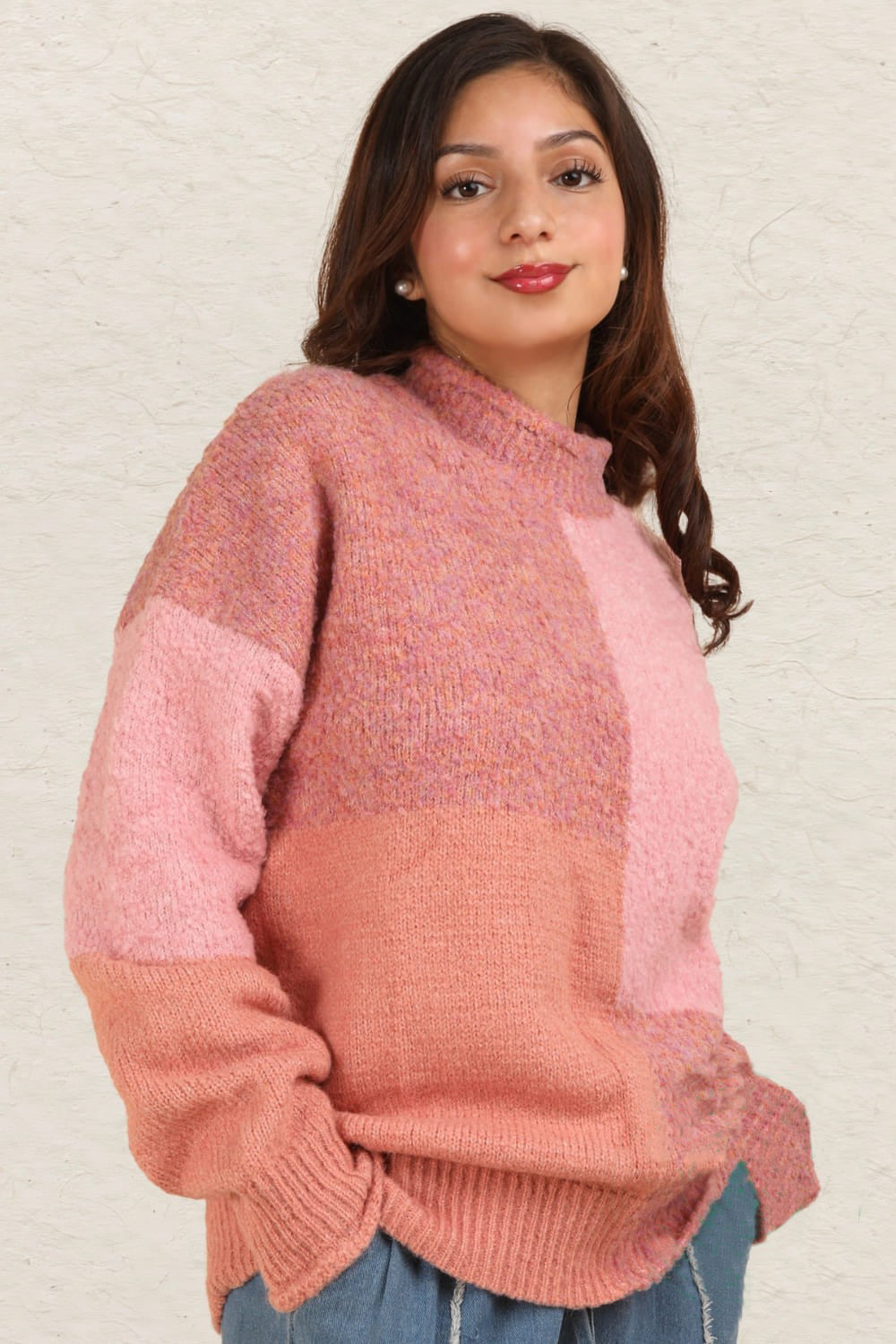 VERY J Color Block Mock Neck Drop Shoulder Sweater-Angel Casuals