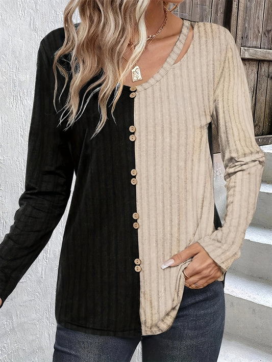 Decorative Button Contrast Round Neck Long Sleeve T-Shirt-Angel Casuals