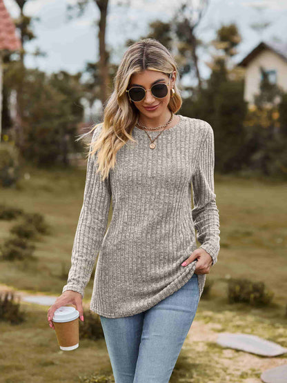 Ribbed Round Neck Long Sleeve Tee-Angel Casuals