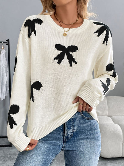 Perfee Bow Graphic Round Neck Long Sleeve Sweater-Angel Casuals