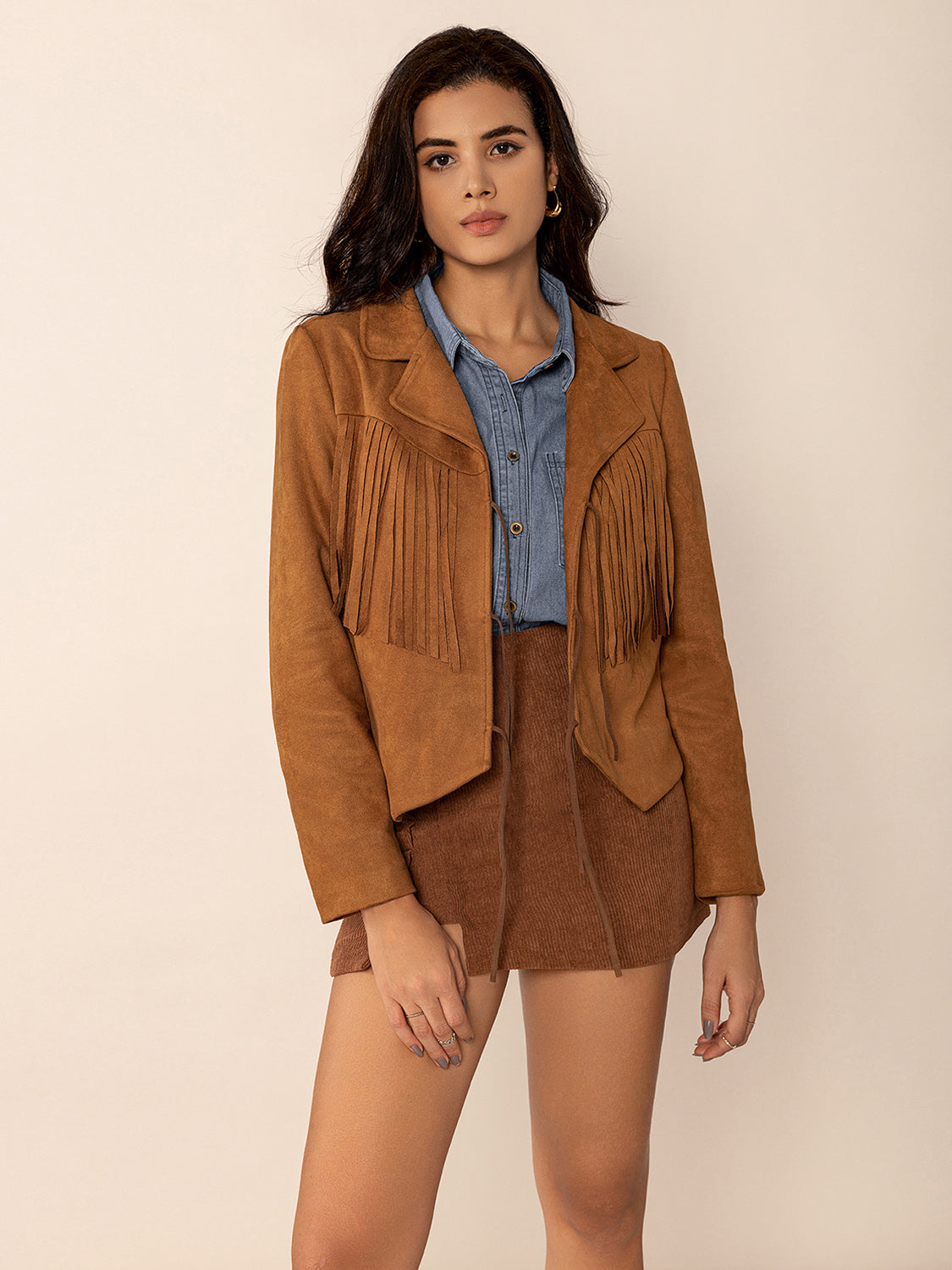 Tied Tassel Collared Neck Long Sleeve Jacket-Angel Casuals