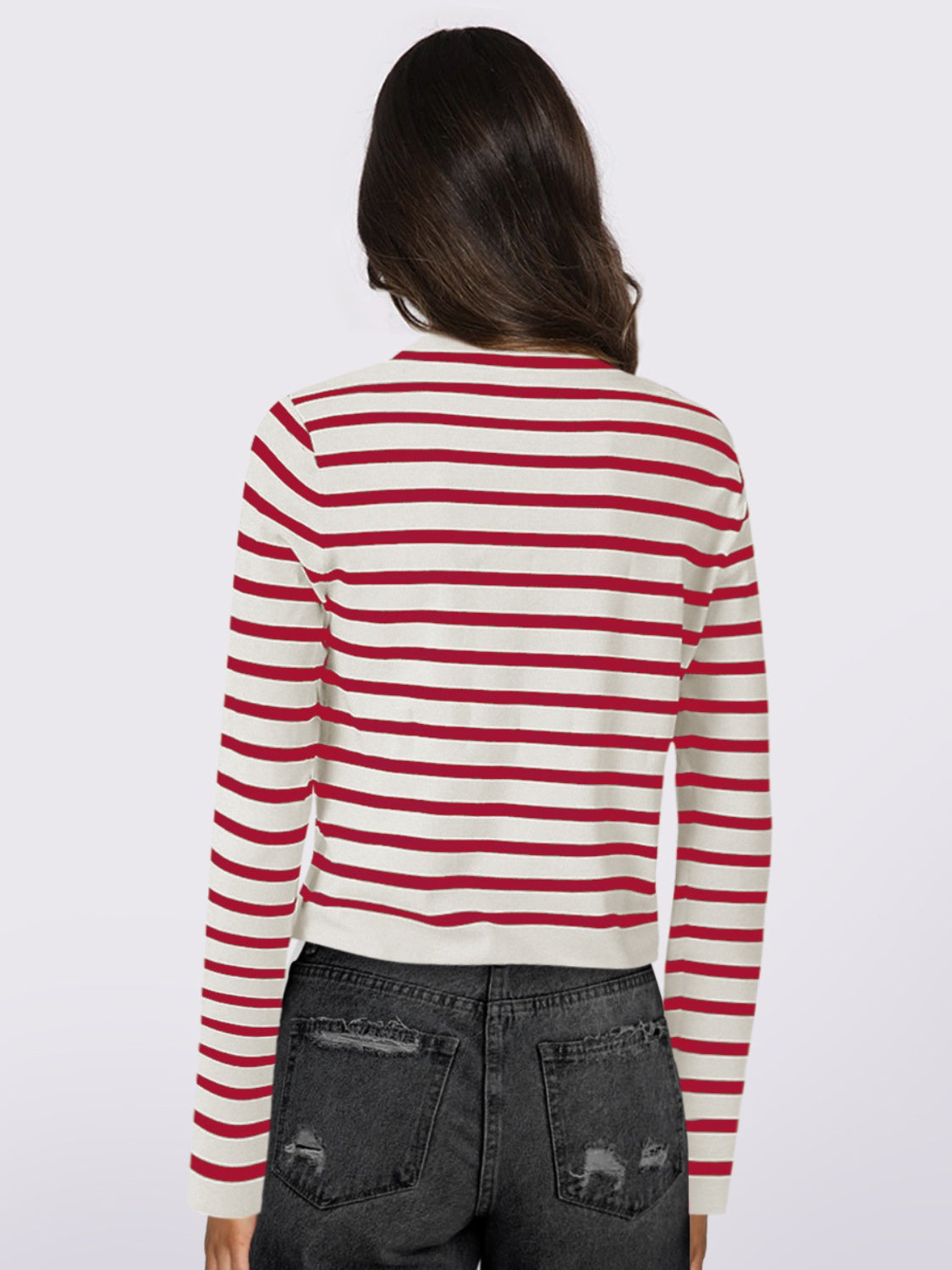 Striped Round Neck Button Up Long Sleeve Cardigan-Angel Casuals