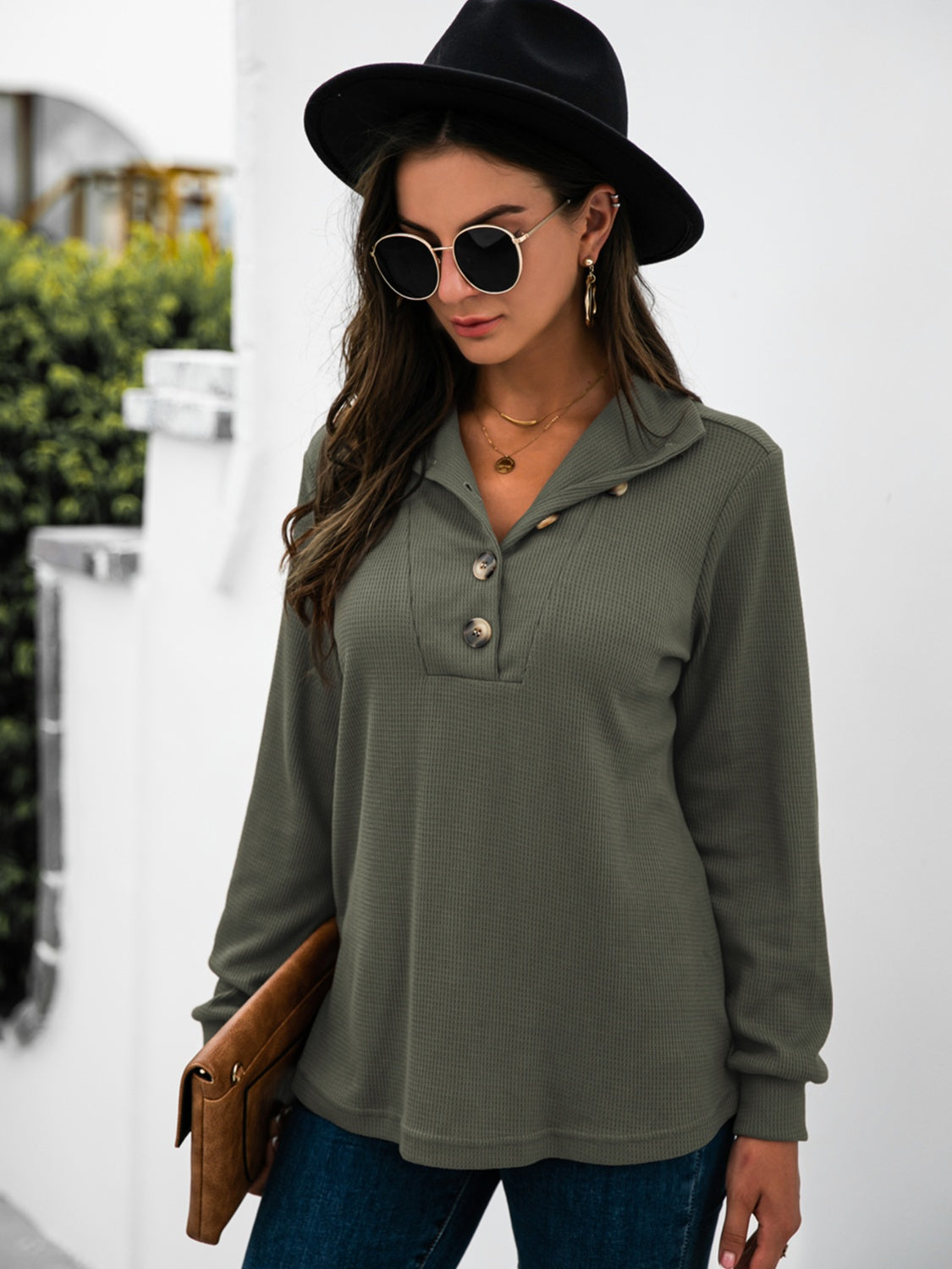 Half Button Long Sleeve T-Shirt-Angel Casuals