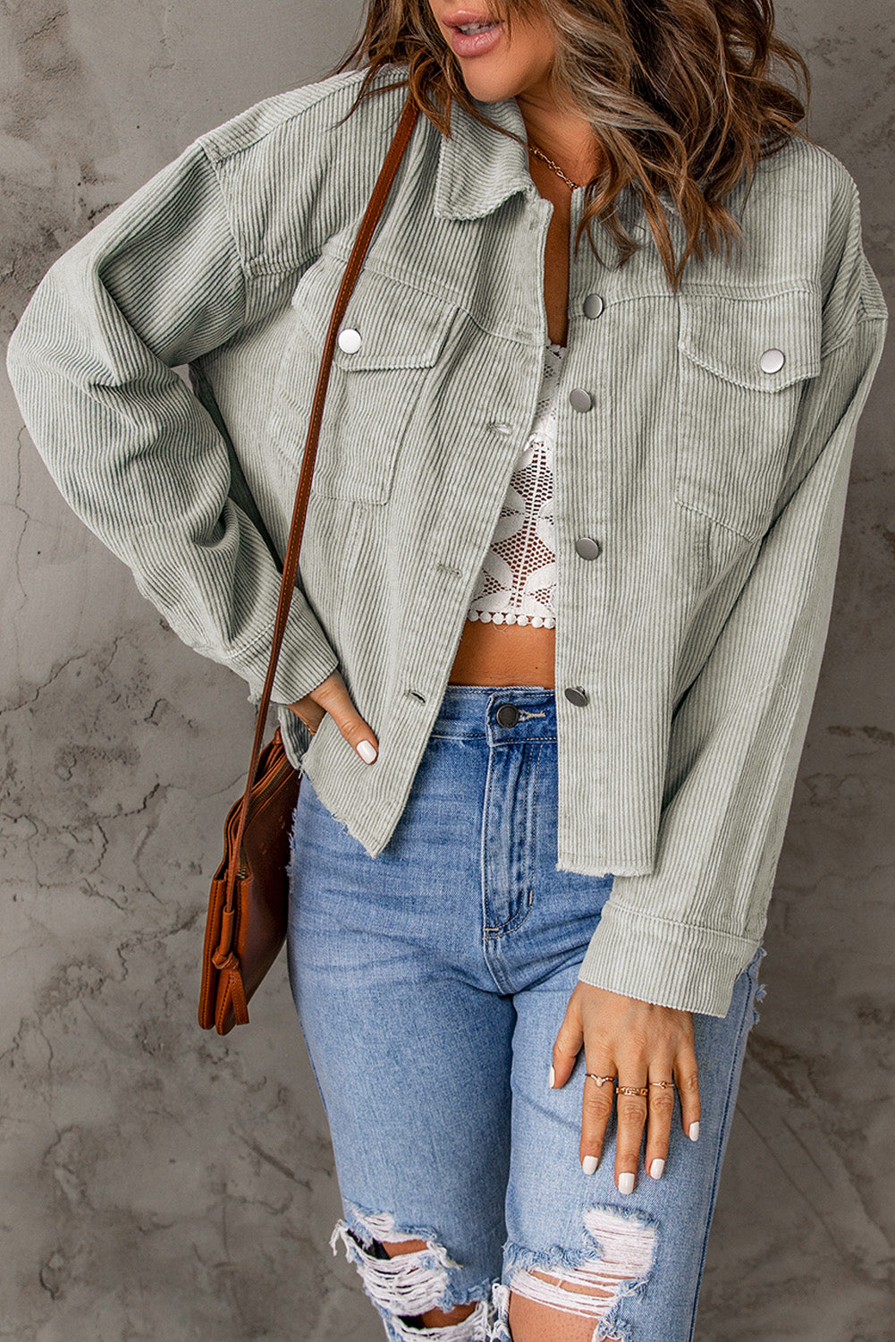 Double Take Raw Hem Button Down Corduroy Jacket with Pockets-Angel Casuals