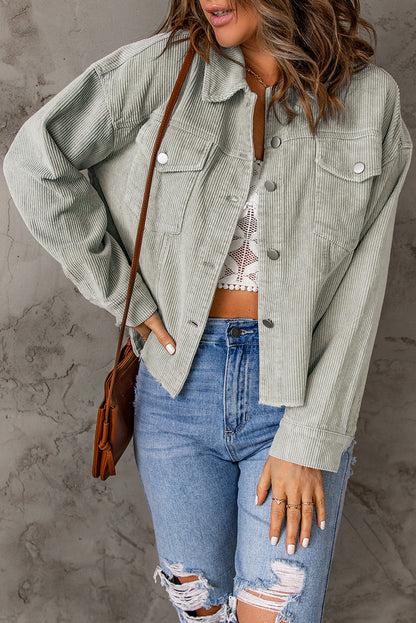 Double Take Raw Hem Button Down Corduroy Jacket with Pockets-Angel Casuals