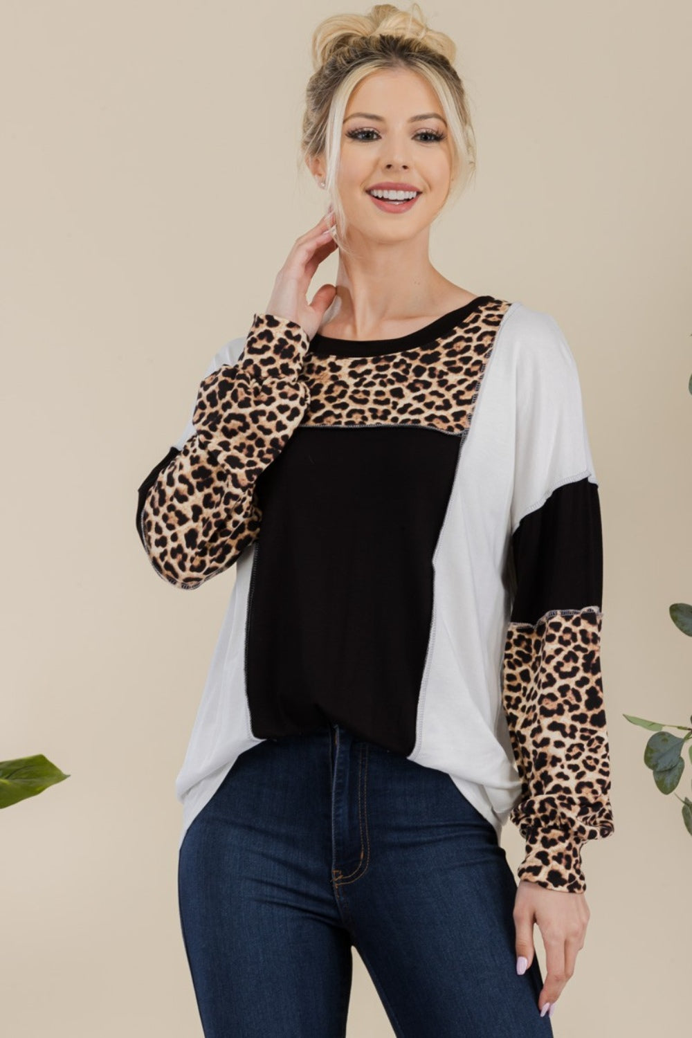 Celeste Full Size Leopard Color Block Exposed Seam T-Shirt-Angel Casuals