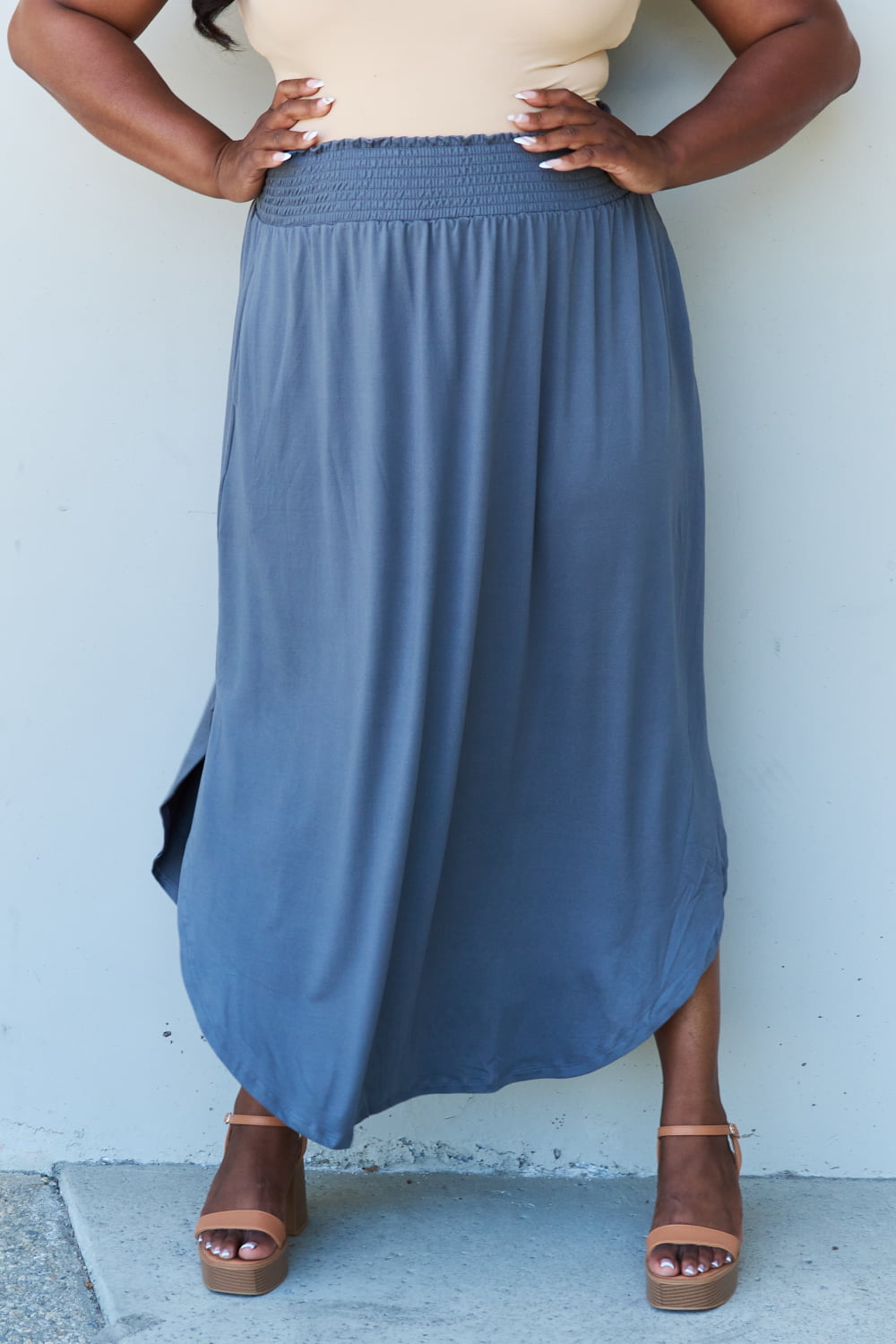 Doublju Comfort Princess Full Size High Waist Scoop Hem Maxi Skirt in Dusty Blue-Angel Casuals